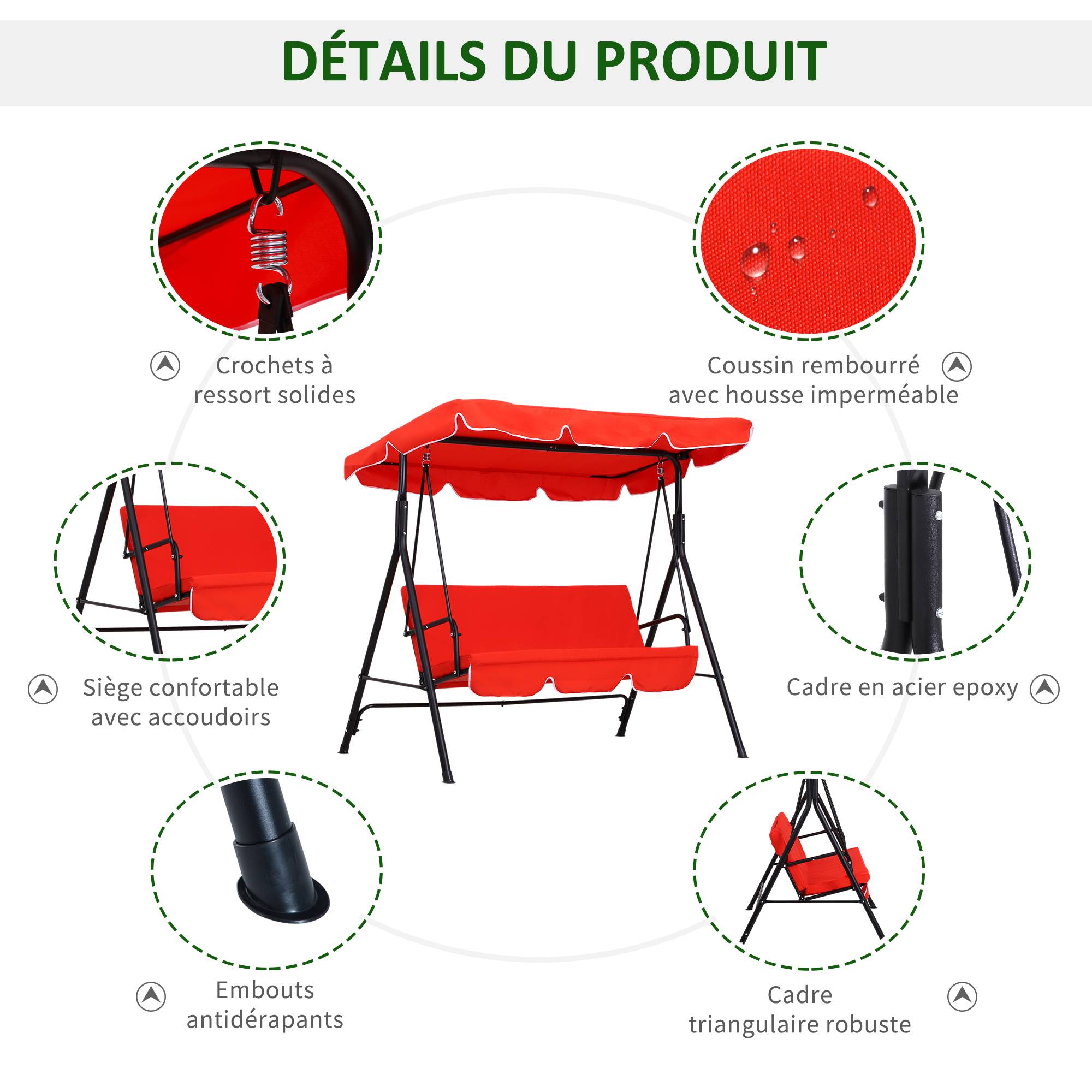 Outsunny - Balancelle de jardin 3 places toit inclinaison réglable coussins assise et dossier 1,72L x 1,1l x 1,52H m acier noir polyester rouge - Outsunny - Image 6