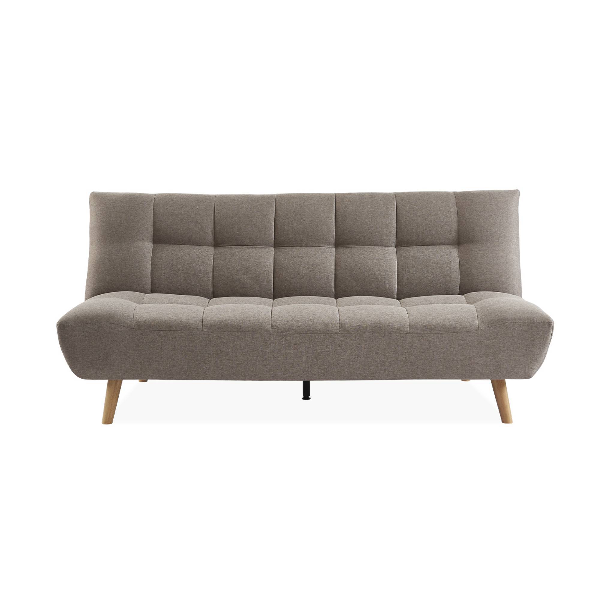 Canapé 3 places banquette clic clac. convertible. en tissu beige et pieds bois naturel - Image 6