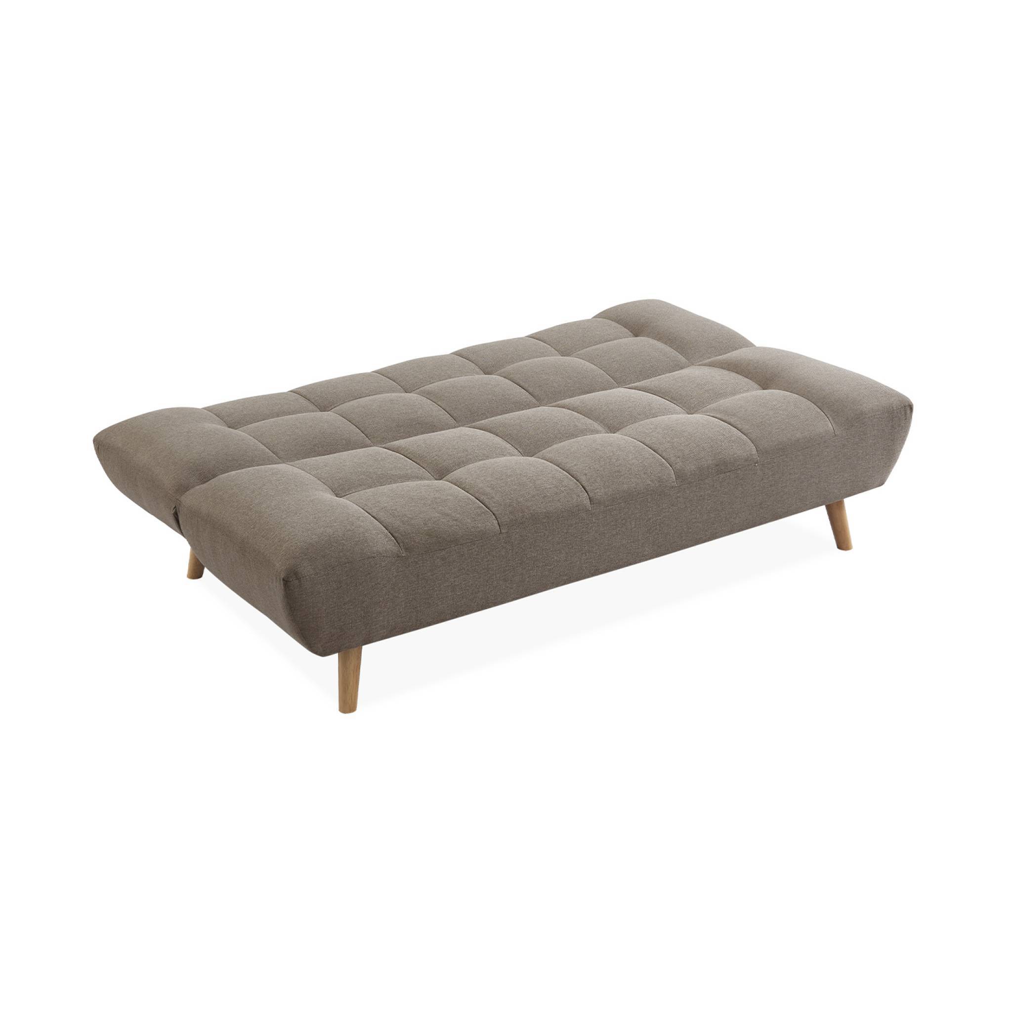 Canapé 3 places banquette clic clac. convertible. en tissu beige et pieds bois naturel - Image 5
