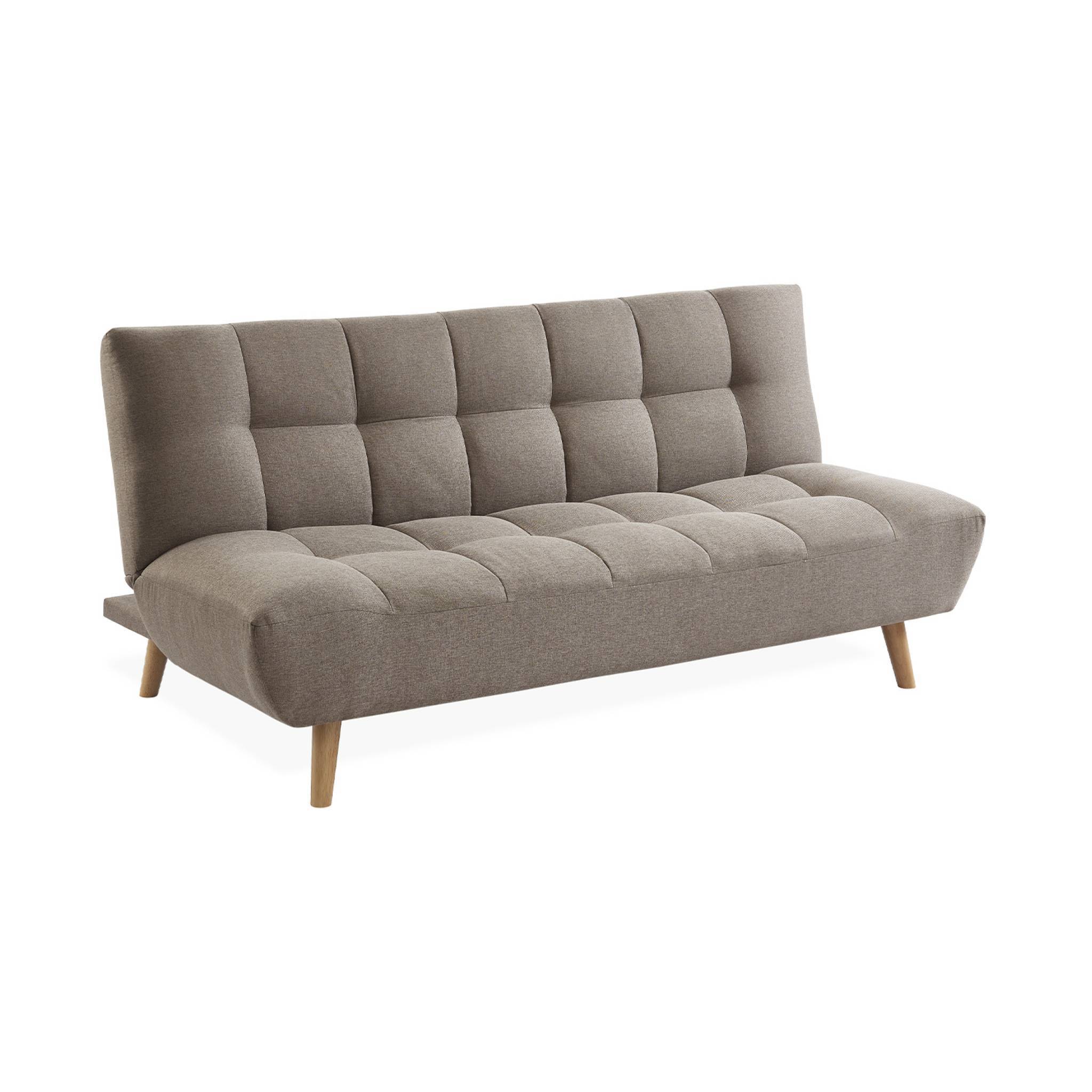 Canapé 3 places banquette clic clac. convertible. en tissu beige et pieds bois naturel - Image 2