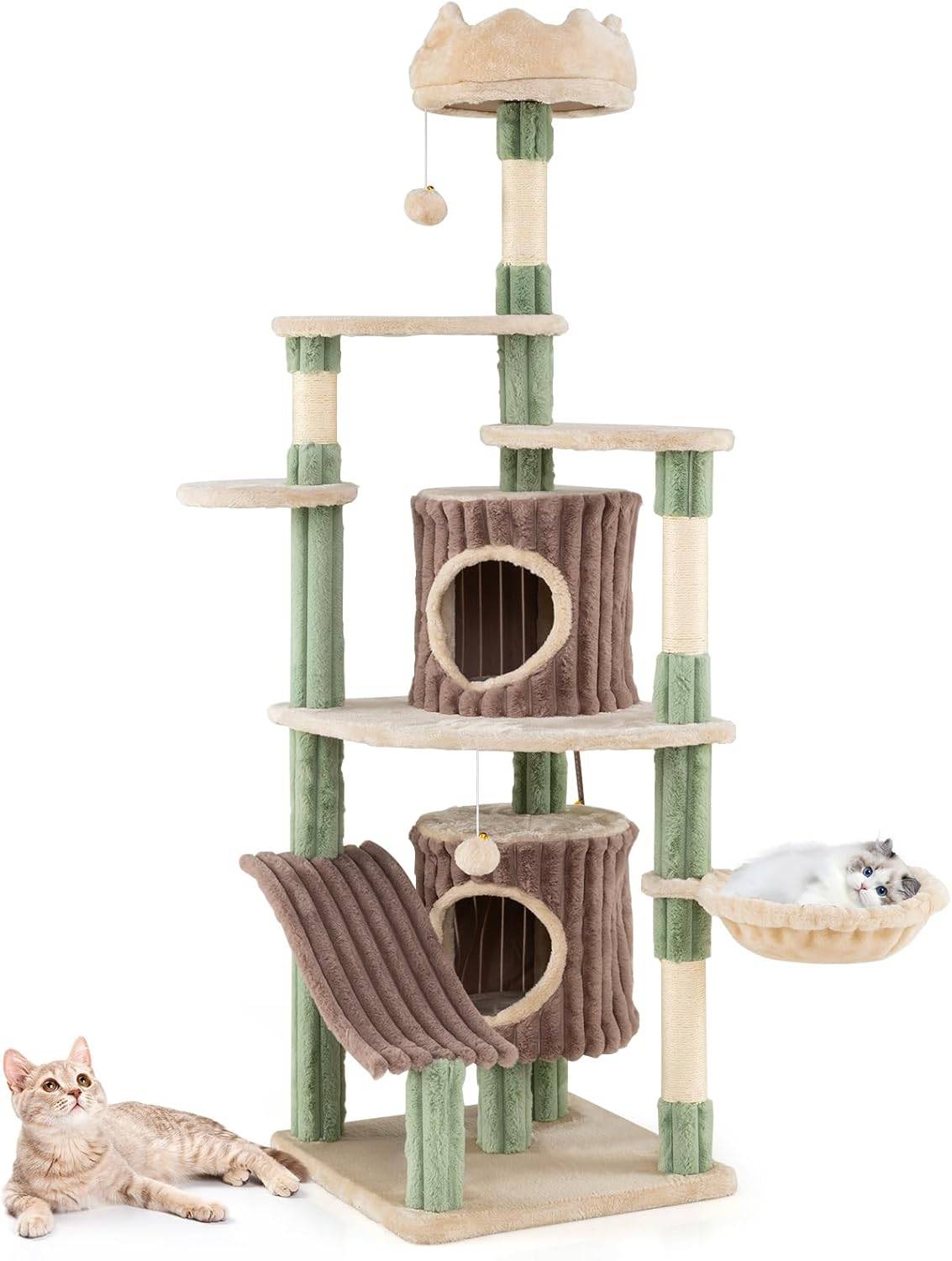 Costway - Arbre à Chat XXL 163 cm, Panier Rotatif, 2 Condos, 4 Poteaux à Griffer en Sisal, 7 Plateformes, Arbre a Chat Cactus, Pompons Suspendu, Tissu Peluche, - Image 1