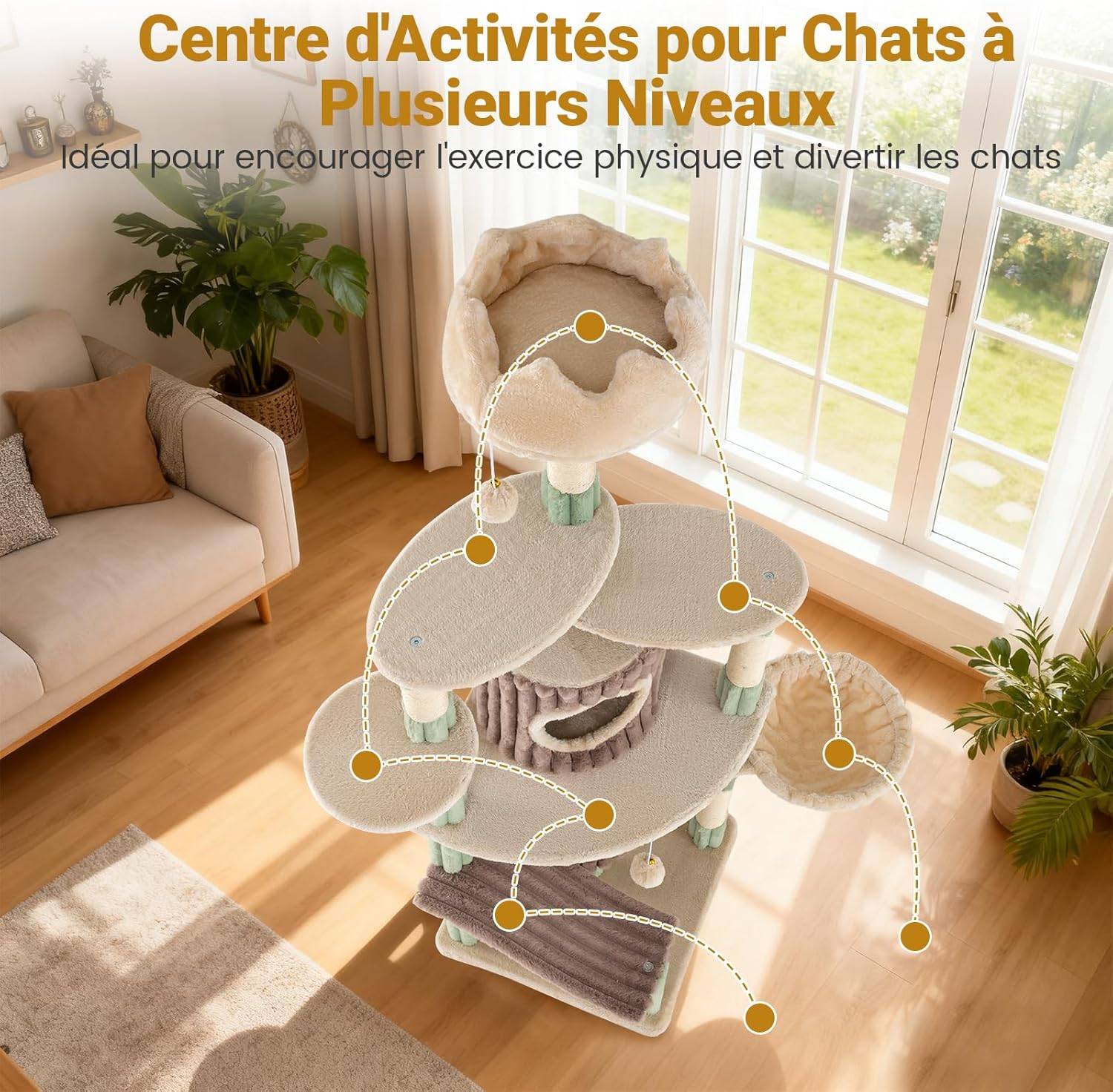 Costway - Arbre à Chat XXL 163 cm, Panier Rotatif, 2 Condos, 4 Poteaux à Griffer en Sisal, 7 Plateformes, Arbre a Chat Cactus, Pompons Suspendu, Tissu Peluche, - Image 2
