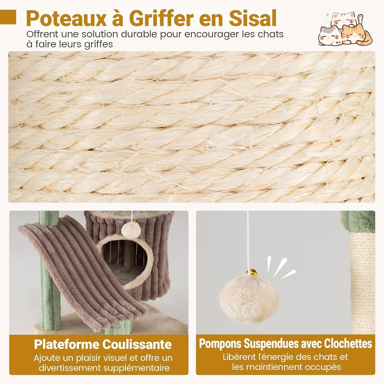 Costway - Arbre à Chat XXL 163 cm, Panier Rotatif, 2 Condos, 4 Poteaux à Griffer en Sisal, 7 Plateformes, Arbre a Chat Cactus, Pompons Suspendu, Tissu Peluche, - Image 5
