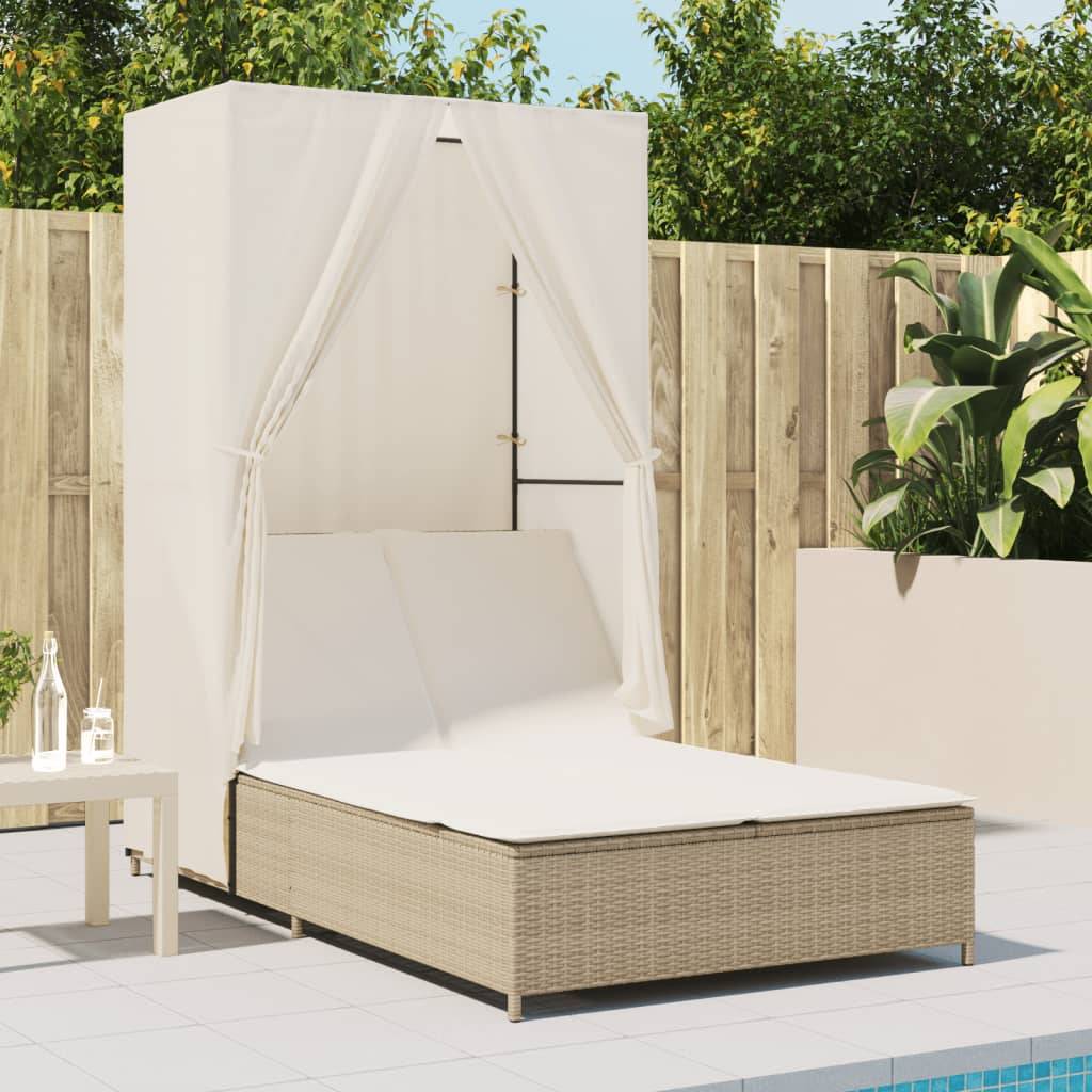 Chaise longue double avec toit et rideaux beige résine tressée 104 x 197 x 193 cm, Poids :26.38kg - PANGIVO - Image 3
