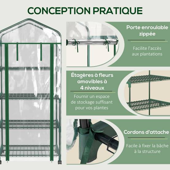 Serre de balcon acier 4 niveaux culture plantes fleurs porte double zip 69x50x165cm transparent - ComfortXL Outdoor Living - Image 7