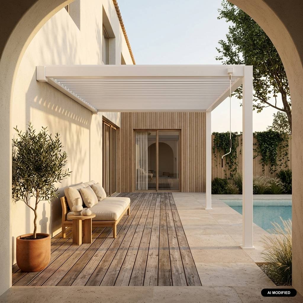 sweeek - Pergola bioclimatique aluminium blanc adossée lames orientables 4x3m Triomphe | sweeek - Image 1