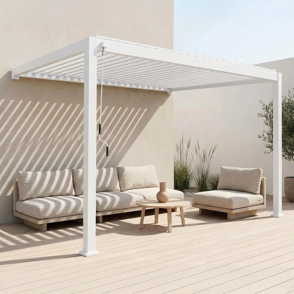 sweeek - Pergola bioclimatique aluminium blanc adossée lames orientables 4x3m Triomphe  | sweeek - Image 1