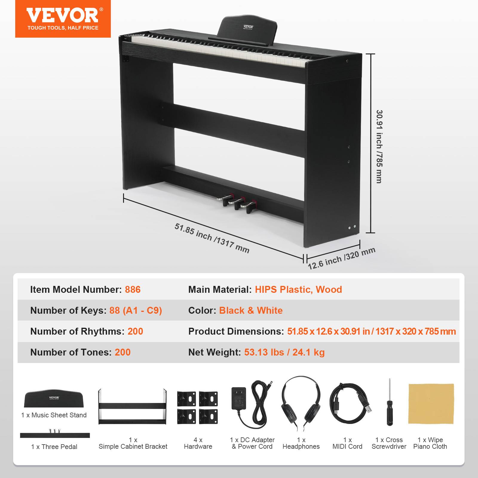 VEVOR Piano numérique 88 touches pondérées, double clavier, haut-parleurs, casque, 200 sons, Bluetooth. - Image 7