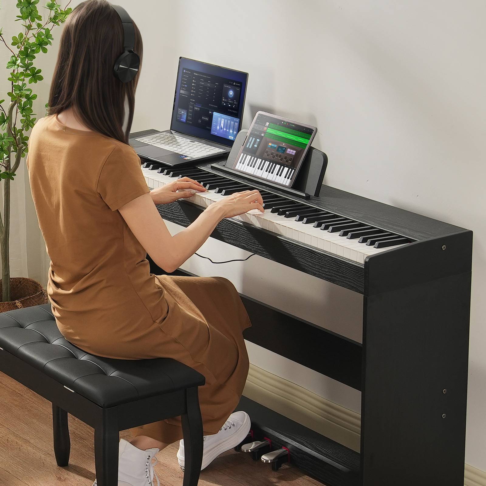 VEVOR Piano numérique 88 touches pondérées, double clavier, haut-parleurs, casque, 200 sons, Bluetooth. - Image 8