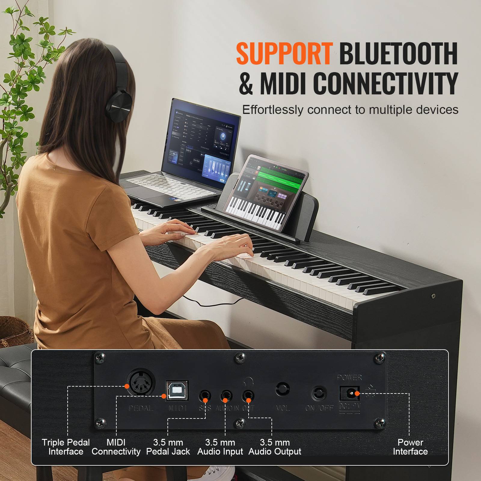VEVOR Piano numérique 88 touches pondérées, double clavier, haut-parleurs, casque, 200 sons, Bluetooth. - Image 6