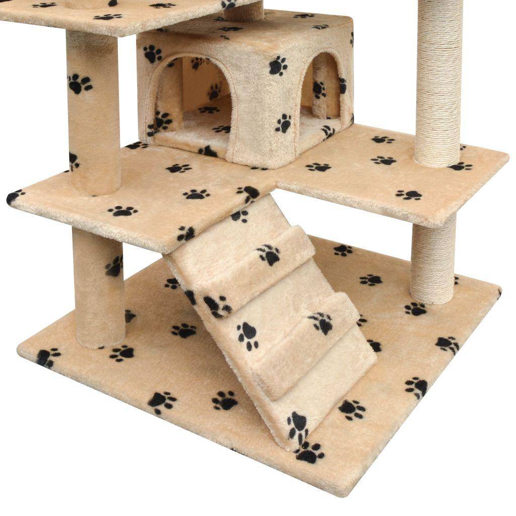 Helloshop26 - Arbre à chat griffoir grattoir niche jouet animaux peluché et sisal 125cm empreintes de pattes beige - Image 3