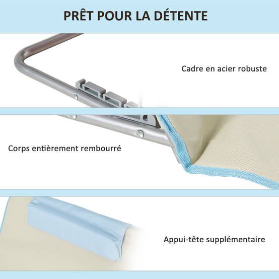 Lot 2 tapis de plage en tissu Oxford dossier réglable 124x53x45cm beige - ComfortXL Outdoor Living - Image 8
