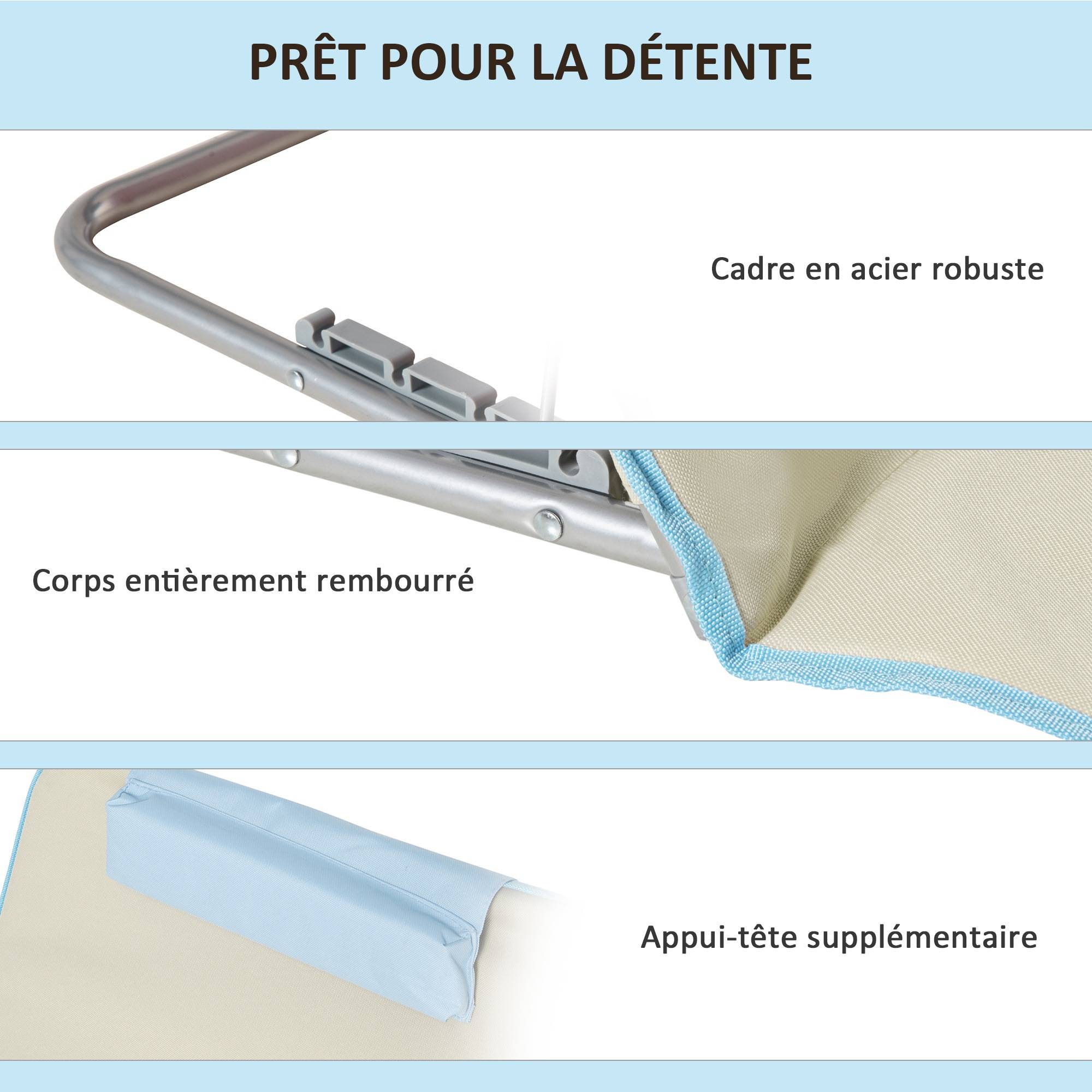 Lot 2 tapis de plage en tissu Oxford dossier réglable 124x53x45cm beige - ComfortXL Outdoor Living - Image 8