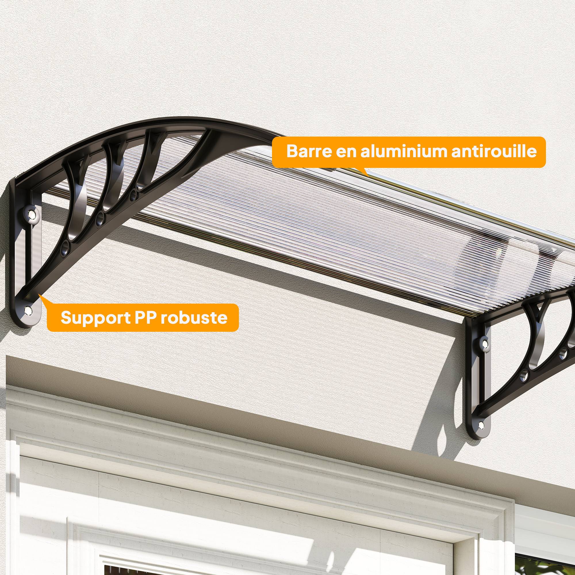 Auvent de Porte d’Entrée 100 x 75 cm, Marquise en Polycarbonate et Aluminium, Protection Pluie et UV, Terrasse/Balcon, Transparent - Image 9