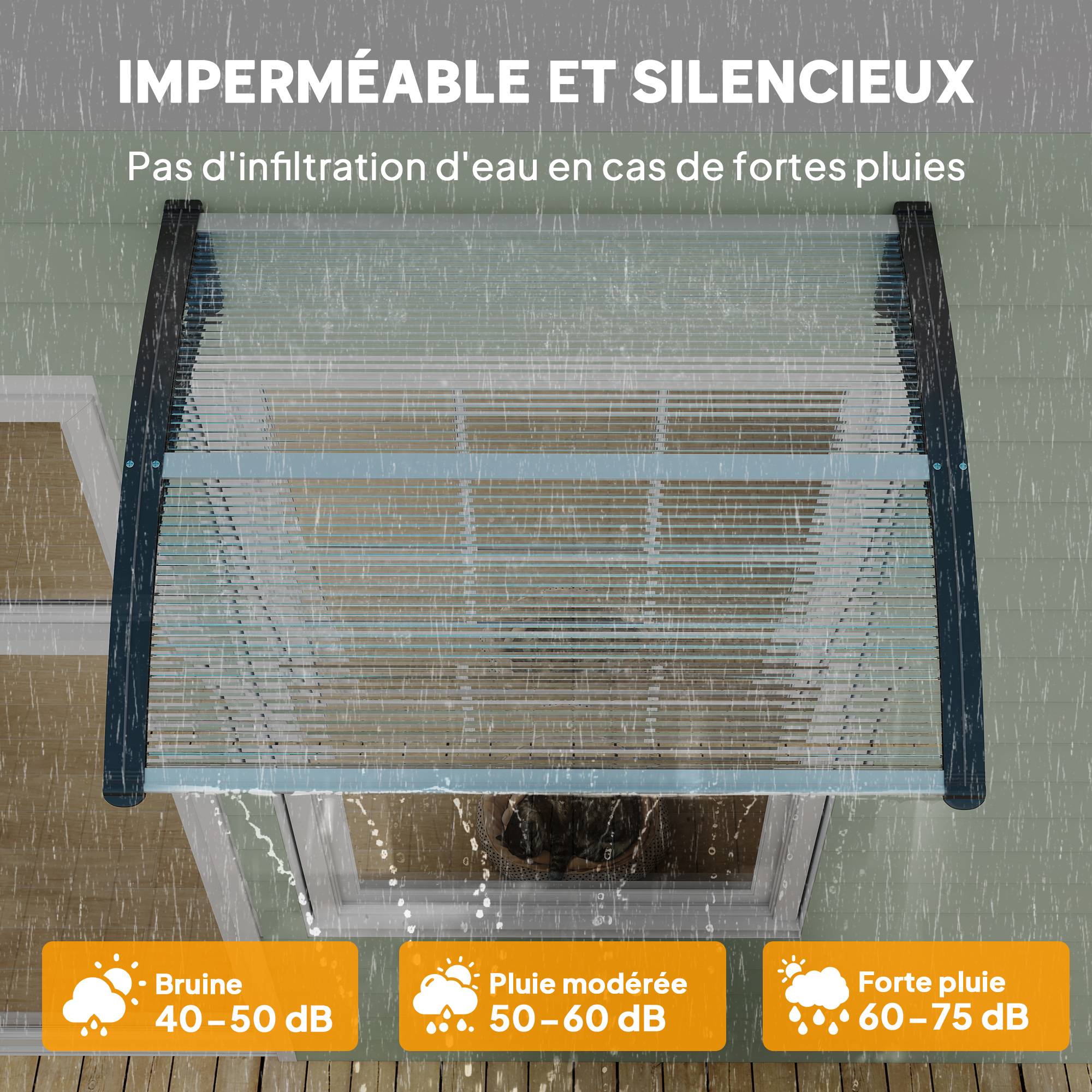 Auvent de Porte d’Entrée 100 x 75 cm, Marquise en Polycarbonate et Aluminium, Protection Pluie et UV, Terrasse/Balcon, Transparent - Image 7