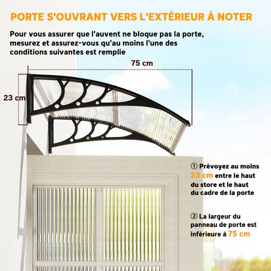 Auvent de Porte d’Entrée 100 x 75 cm, Marquise en Polycarbonate et Aluminium, Protection Pluie et UV, Terrasse/Balcon, Transparent - Image 8