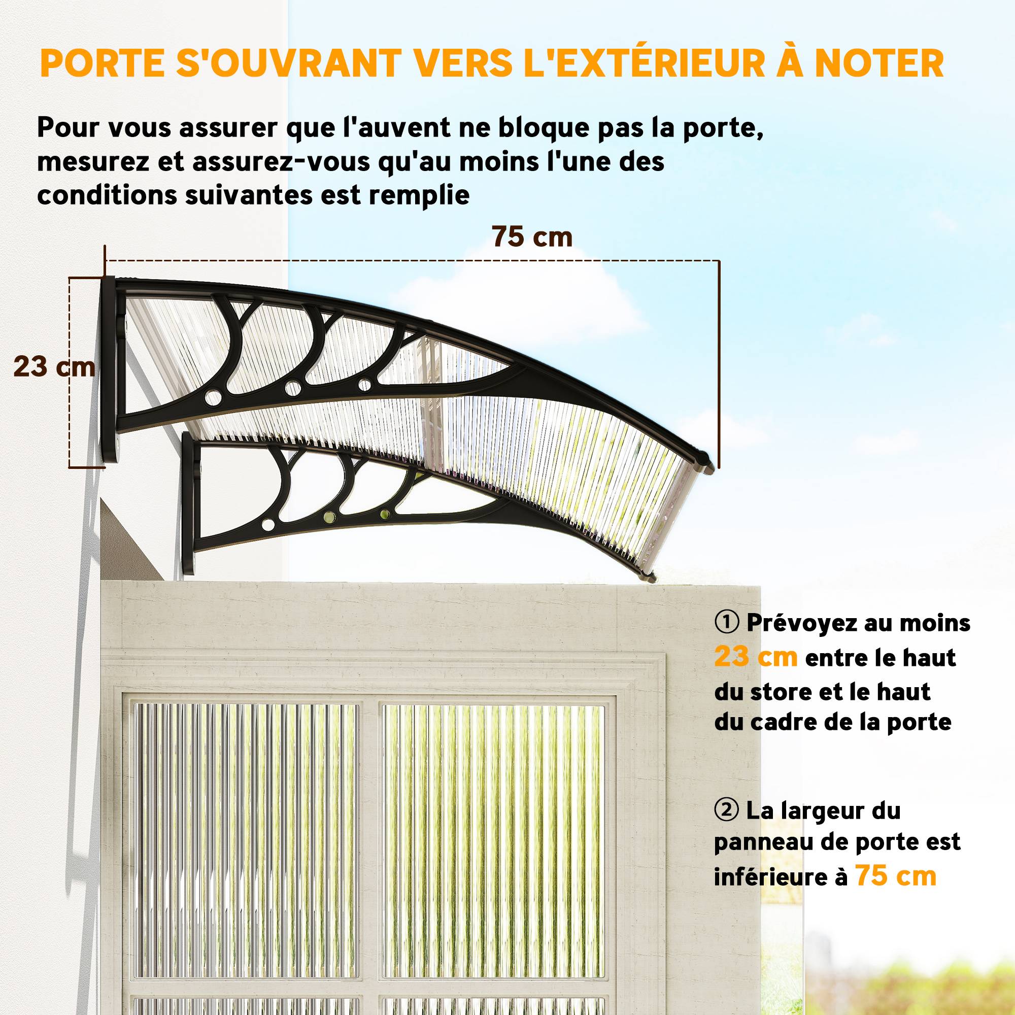 Auvent de Porte d’Entrée 100 x 75 cm, Marquise en Polycarbonate et Aluminium, Protection Pluie et UV, Terrasse/Balcon, Transparent - Image 8