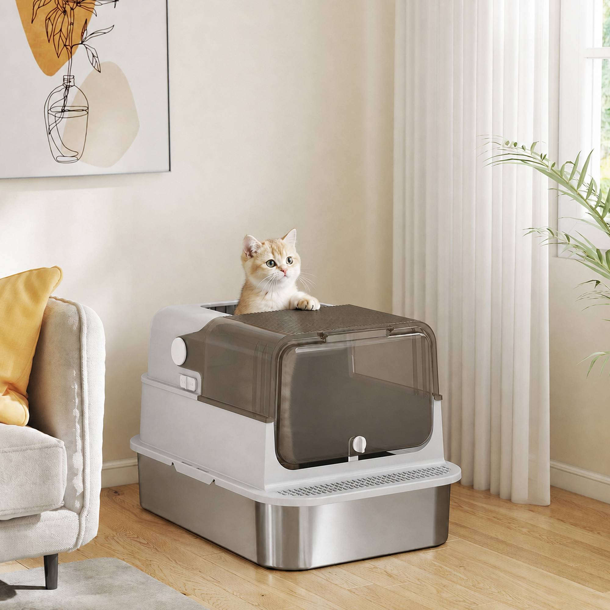 ComfortXL - Maison de toilette pour chat XXL en acier inoxydable gris 70 x 50 x 46,5 cm avec double accès et filtre frontal - Image 8