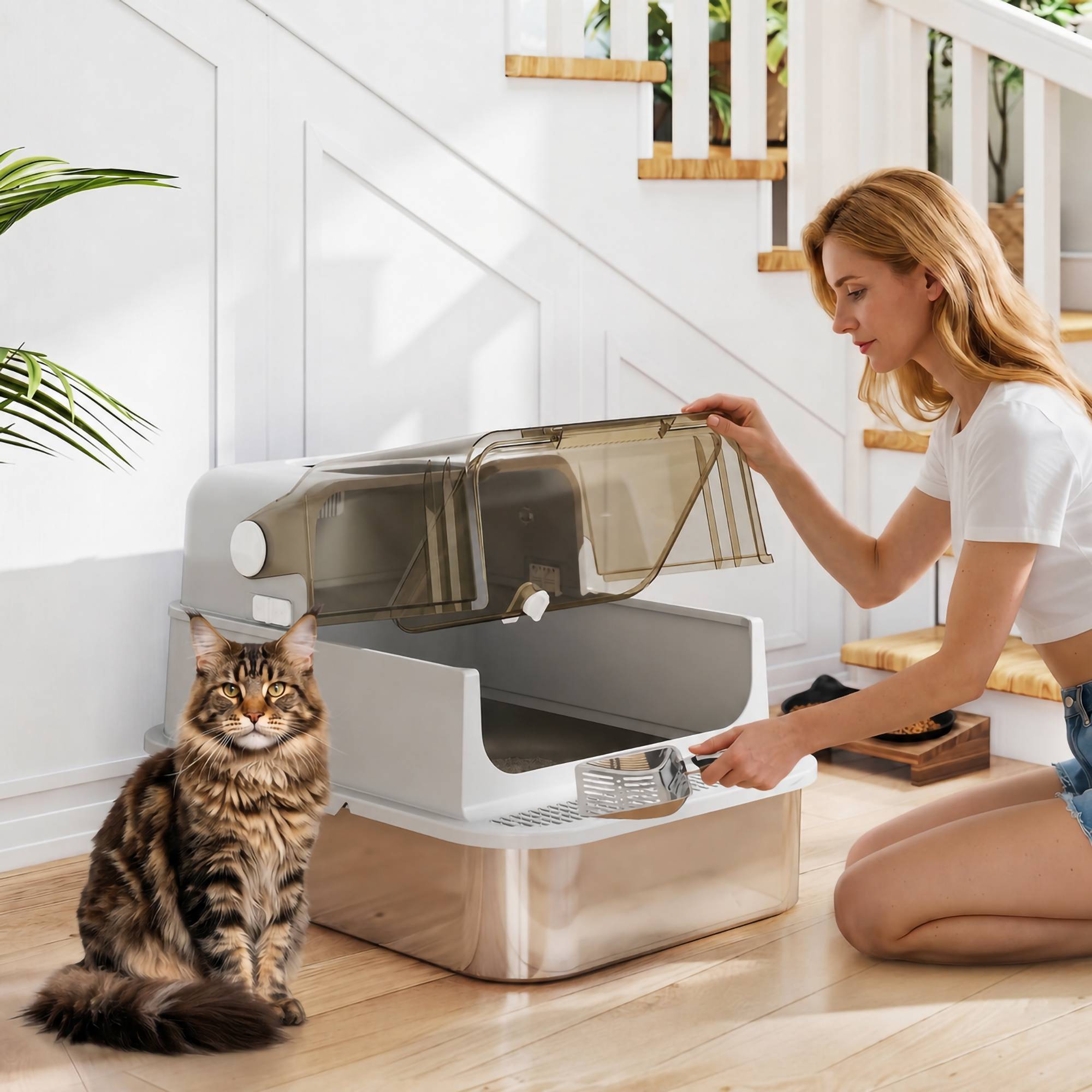 ComfortXL - Maison de toilette pour chat XXL en acier inoxydable gris 70 x 50 x 46,5 cm avec double accès et filtre frontal - Image 1