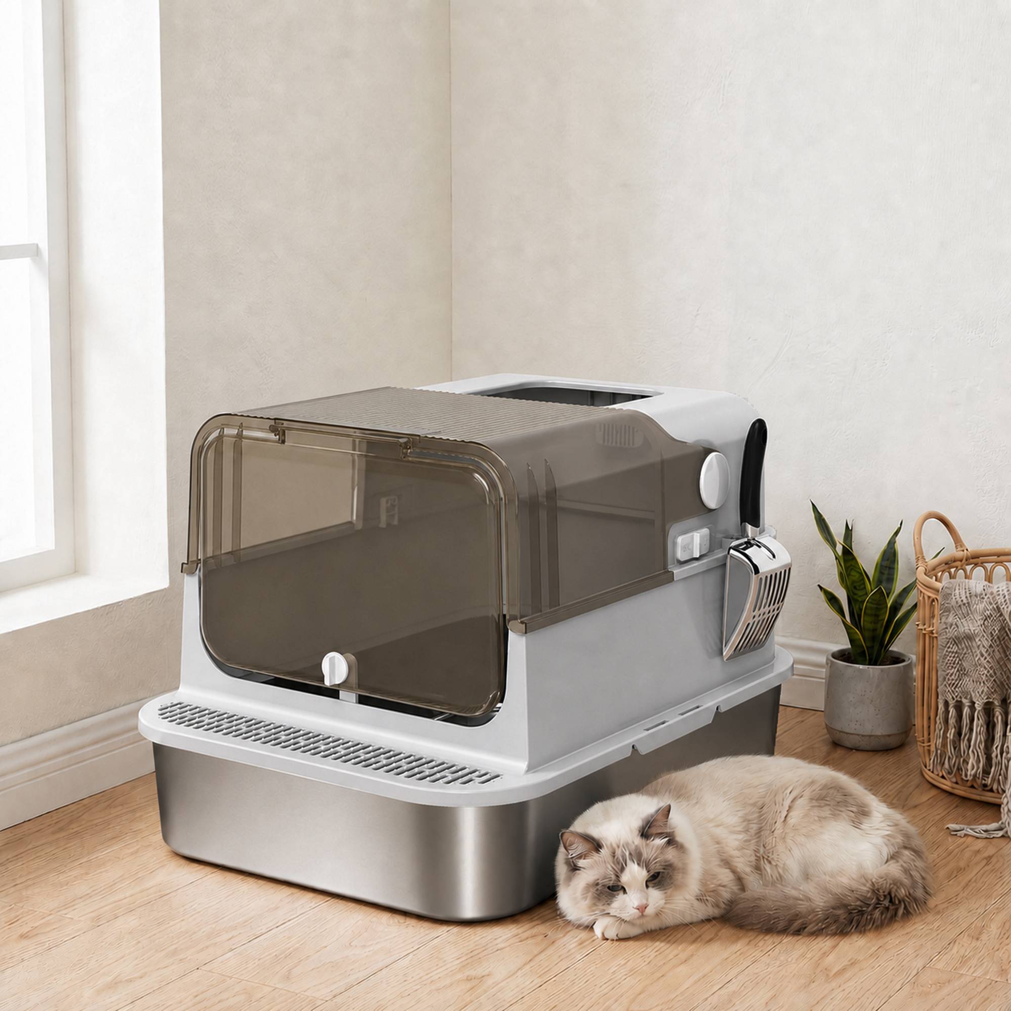 ComfortXL - Maison de toilette pour chat XXL en acier inoxydable gris 70 x 50 x 46,5 cm avec double accès et filtre frontal - Image 9