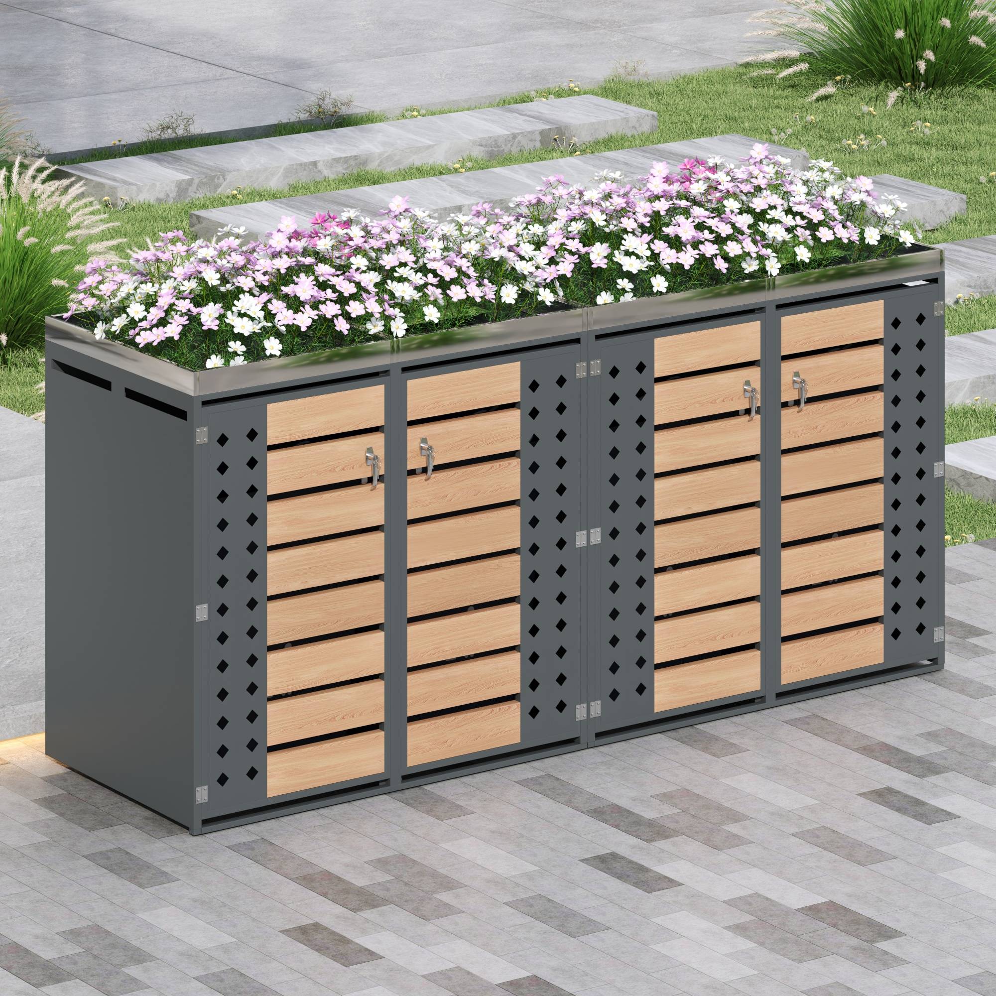 ComfortXL - Cache-poubelle 4 portes Acier galvanisé Jardin Rangement avec jardinière Gris Bois - ComfortXL Outdoor Living - Image 1