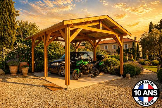 Carport bois 2 pentes en bois douglas 21 m² avec pieds de poteau fixes. Abri camping car et van. garantie 10 ans. - Image 8