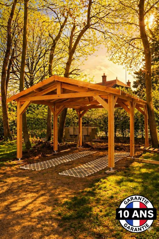 Carport bois 2 pentes en bois douglas 21 m² avec pieds de poteau fixes. Abri camping car et van. garantie 10 ans. - Image 1