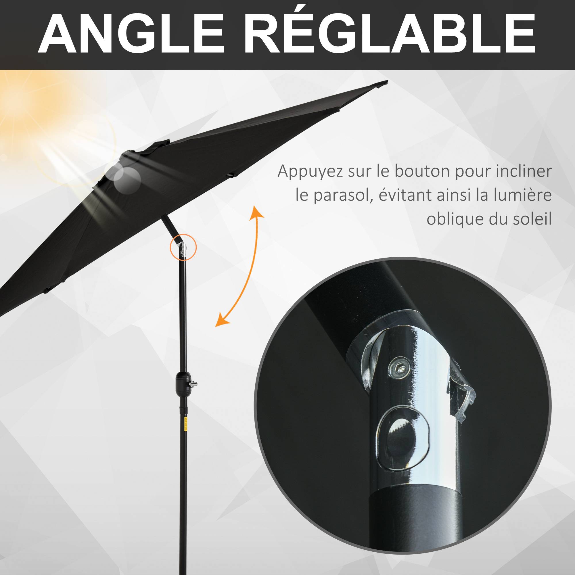 Parasol droit parasol inclinable de jardin manivelle toile polyester haute densité 180 g/m² Ø2,6 x 2,35 m aluminium noir - Image 7
