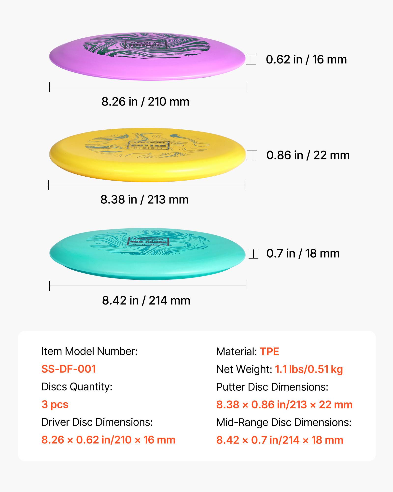 Vevor - VEVOR Ensemble Disc Golf 3 pièces, driver, mid-range et putter en TPE durable, kit d'initiation portable pour parc, jardin, plage et pelouse. - Image 6