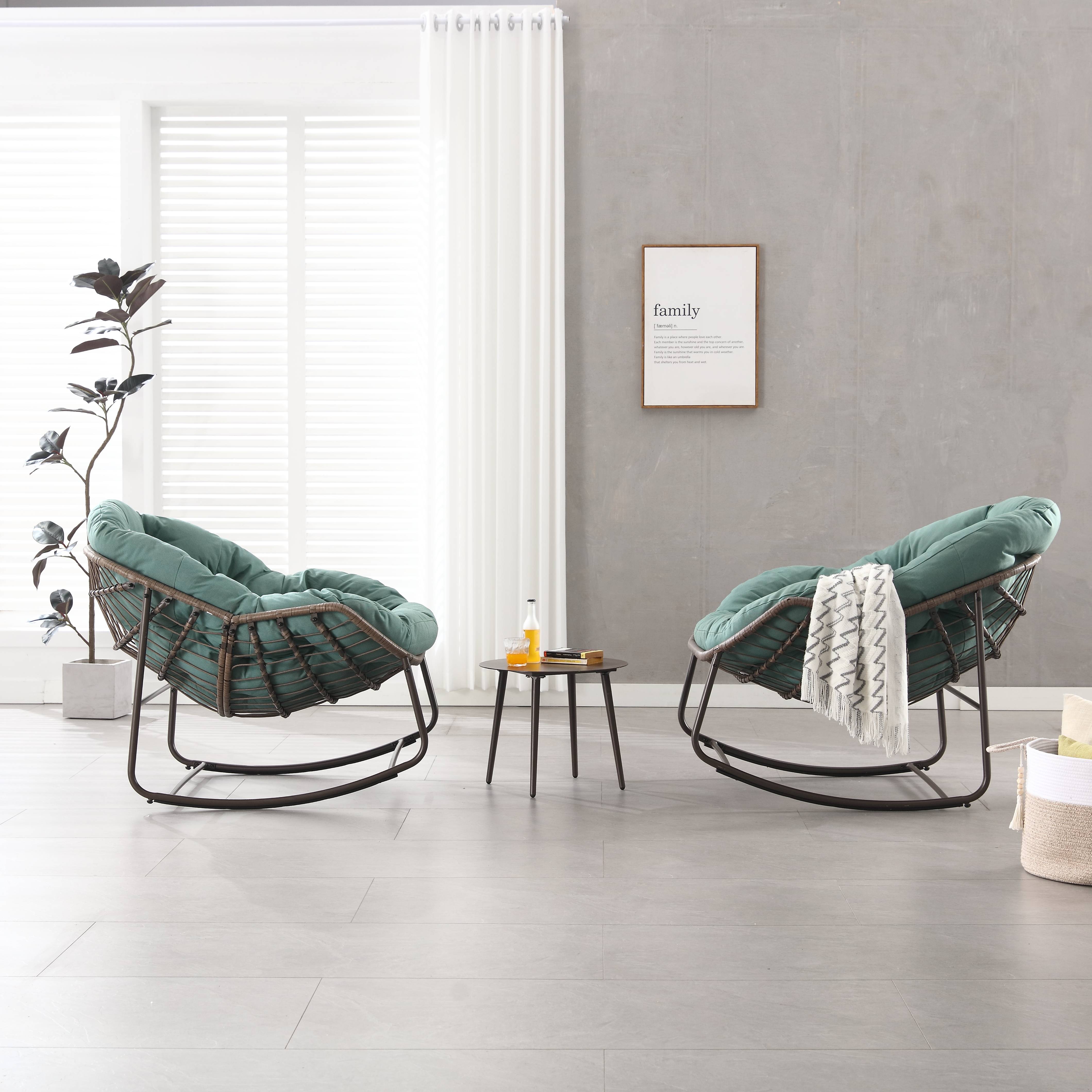 Fauteuil à bascule rotin acier intérieur extérieur grand confort 106x90x78cm vert clair - ComfortXL Outdoor Living - Image 3