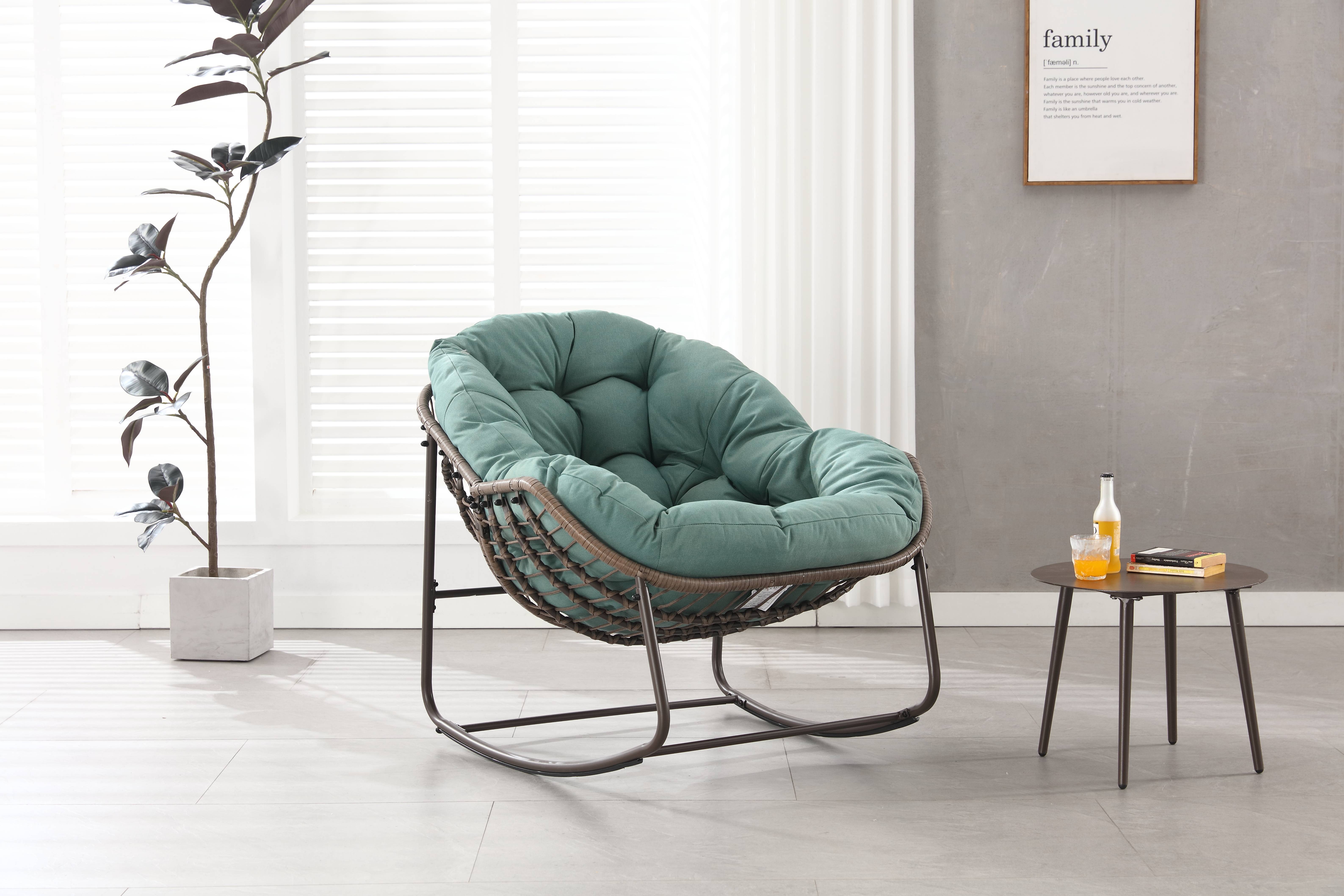 Fauteuil à bascule rotin acier intérieur extérieur grand confort 106x90x78cm vert clair - ComfortXL Outdoor Living - Image 1