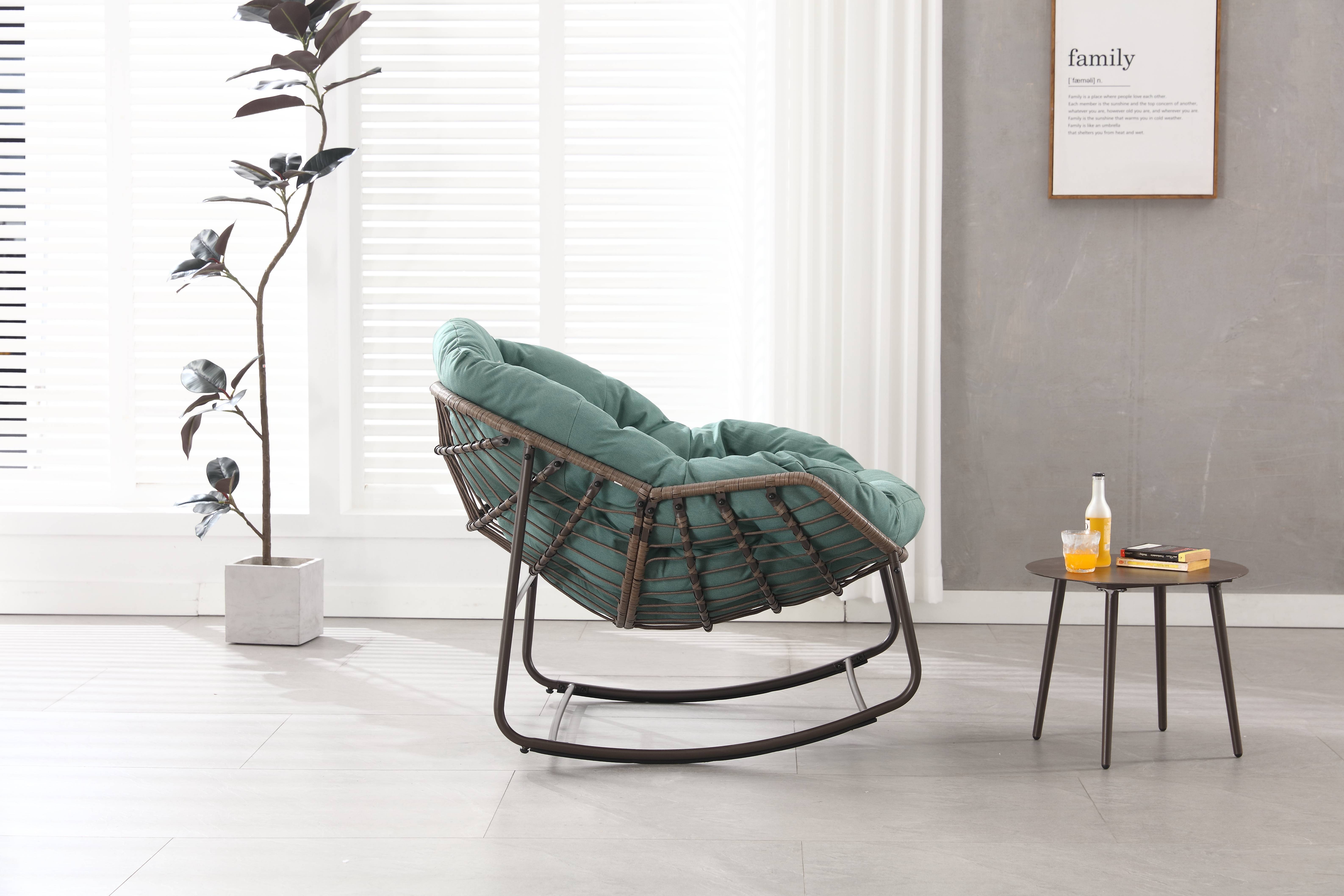 Fauteuil à bascule rotin acier intérieur extérieur grand confort 106x90x78cm vert clair - ComfortXL Outdoor Living - Image 4