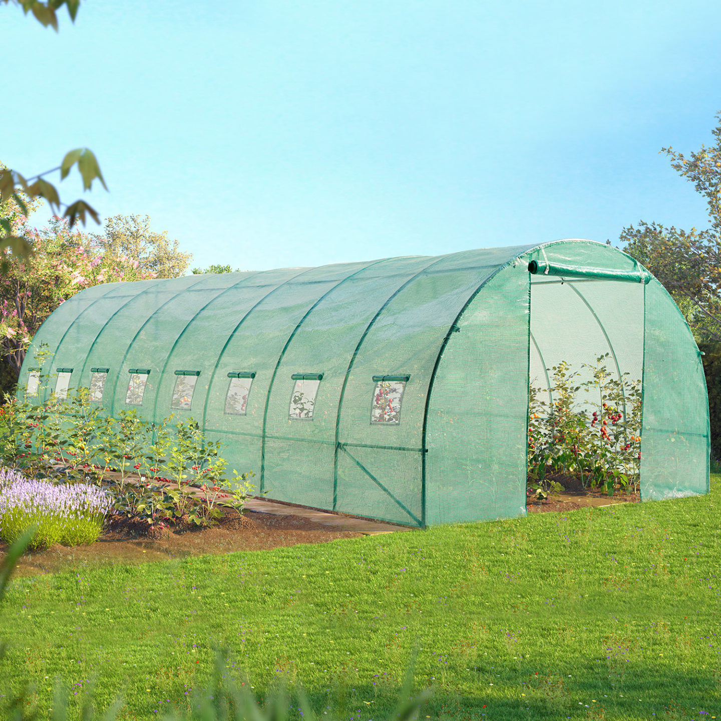 Bâche de rechange pour serre de jardin tunnel 24m² 8 x 3 x 2 m anti-UV avec porte et fenêtres DES ANDES verte - Image 1