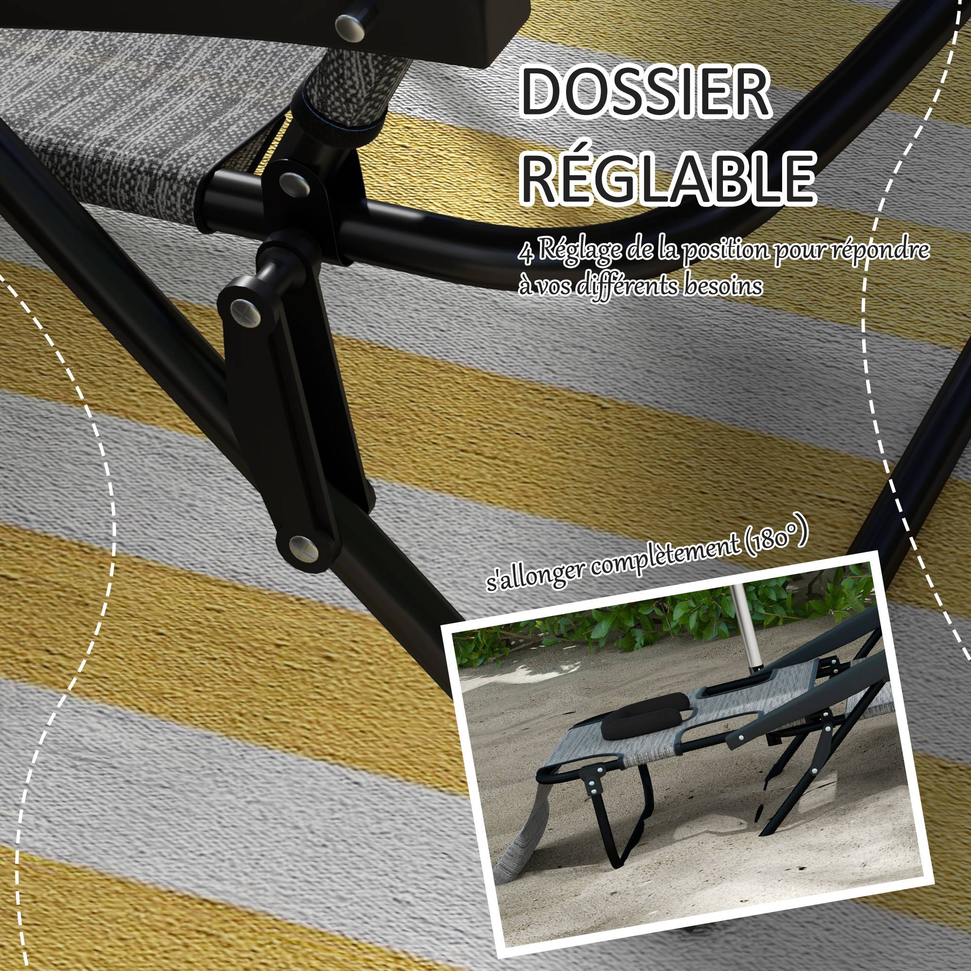 Outsunny - Bain de soleil transat pliable inclinable - coussins, espace tête - acier noir polyester gris chiné - Outsunny - Image 6