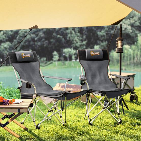 Lot de 2 chaises de camping pliantes tissu Oxford gris 150 x 84 x 75 cm - PANGIVO - Image 9