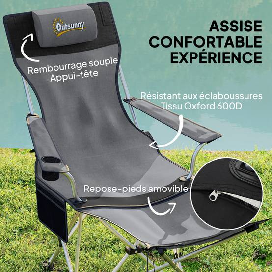 Lot de 2 chaises de camping pliantes tissu Oxford gris 150 x 84 x 75 cm - PANGIVO - Image 6
