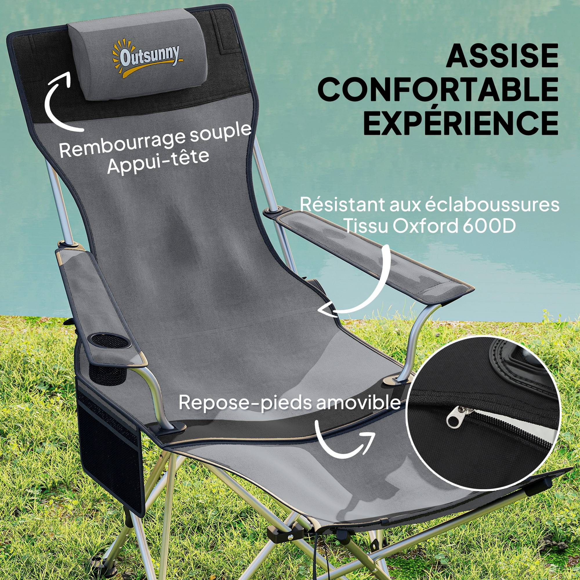 Lot de 2 chaises de camping pliantes tissu Oxford gris 150 x 84 x 75 cm - PANGIVO - Image 6