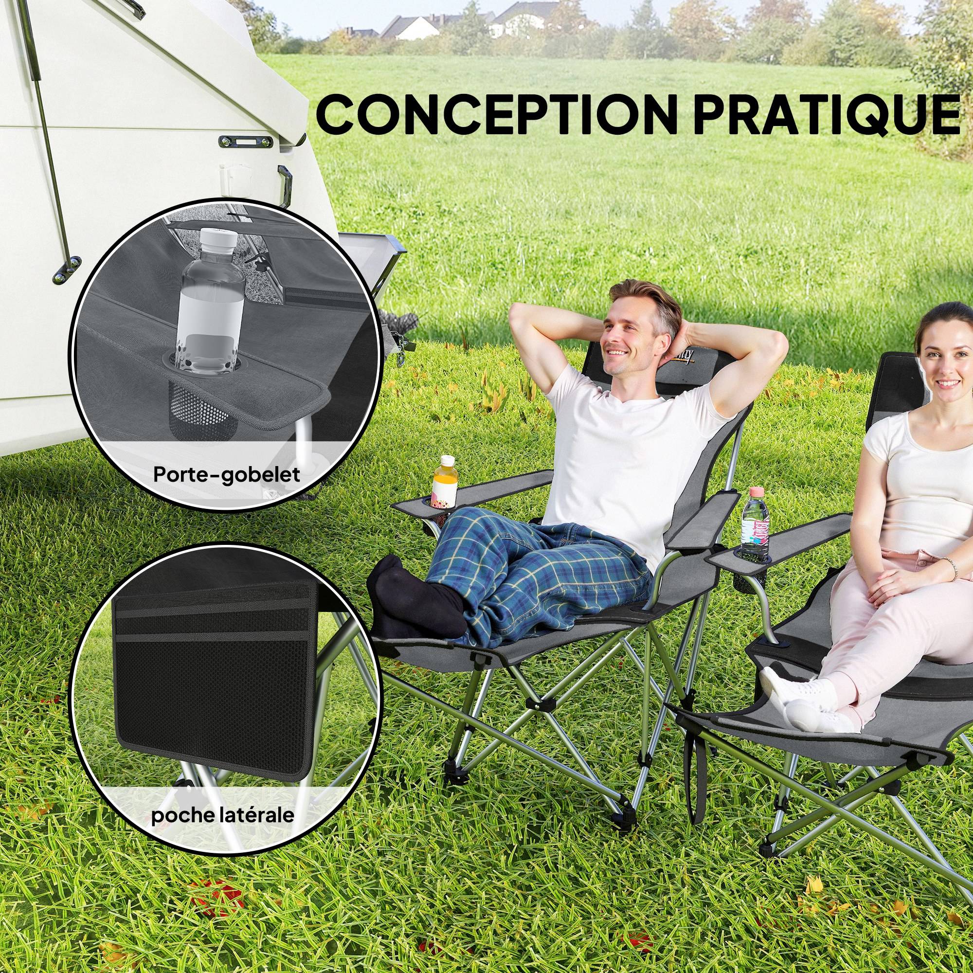 Lot de 2 chaises de camping pliantes tissu Oxford gris 150 x 84 x 75 cm - PANGIVO - Image 7