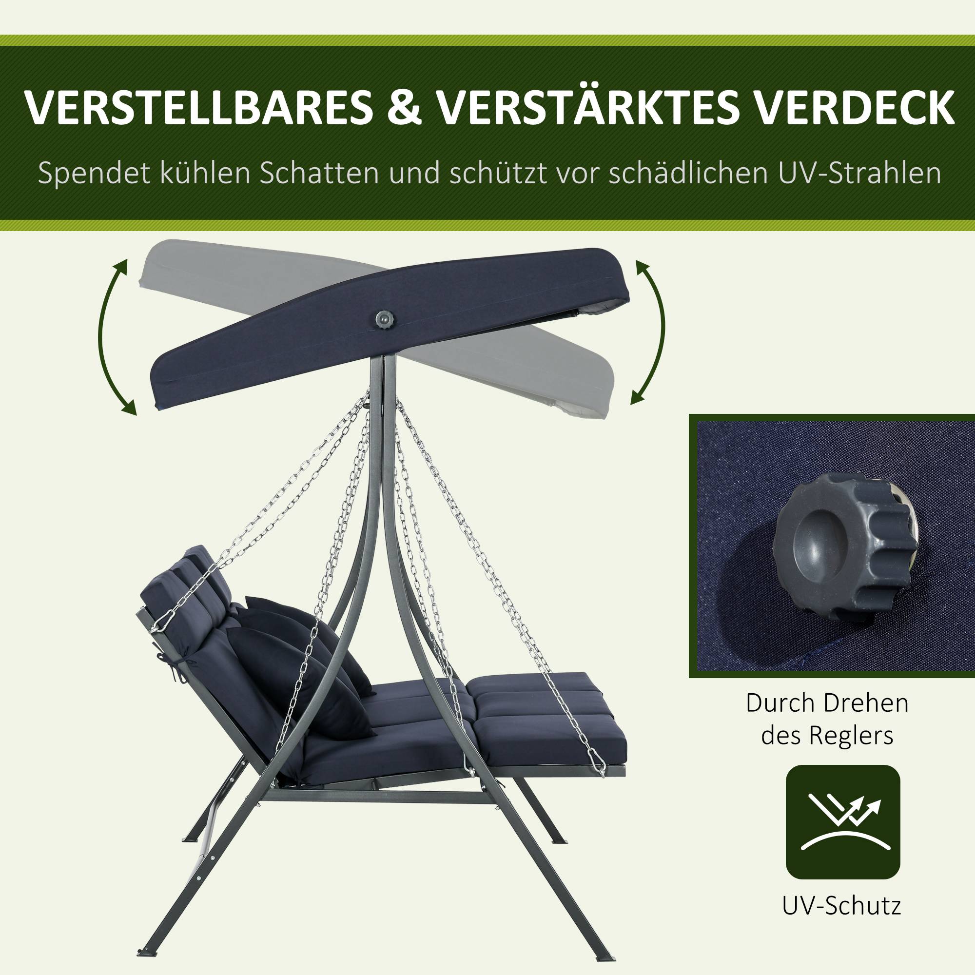 Balancelle de jardin 3 places acier extérieur toit réglable anti-UV 198x118cm bleu - ComfortXL Outdoor Living - Image 6