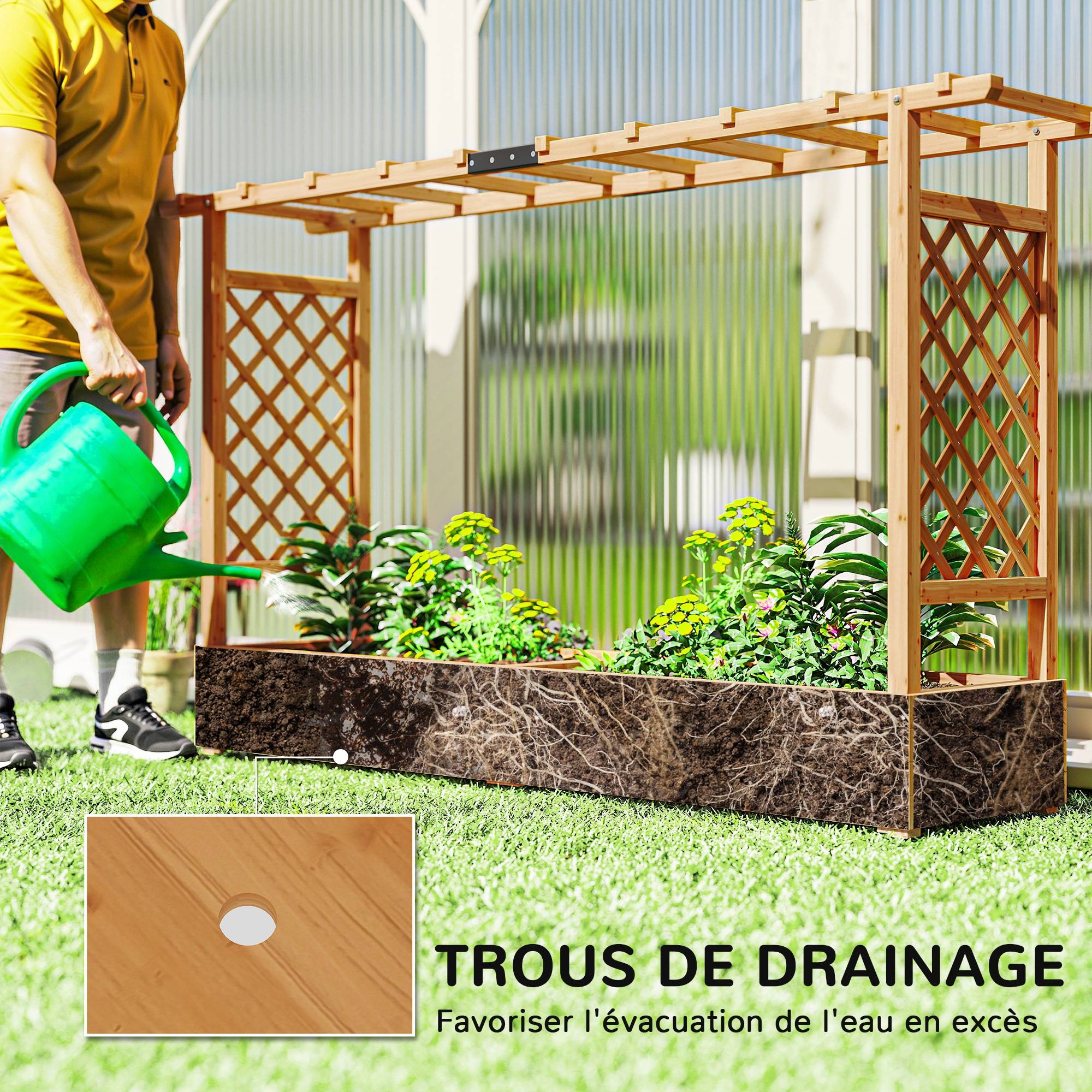 Sans Marque - Jardinière surélevée avec treillis latéral et supérieur, bac à fleurs trous de drainage, 200x44x113,5cm, bois naturel - Image 8