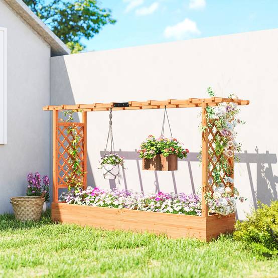 Sans Marque - Jardinière surélevée avec treillis latéral et supérieur, bac à fleurs trous de drainage, 200x44x113,5cm, bois naturel - Image 3