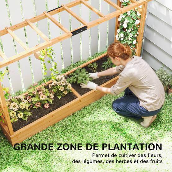 Sans Marque - Jardinière surélevée avec treillis latéral et supérieur, bac à fleurs trous de drainage, 200x44x113,5cm, bois naturel - Image 6