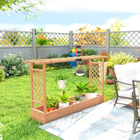 Sans Marque - Jardinière surélevée avec treillis latéral et supérieur, bac à fleurs trous de drainage, 200x44x113,5cm, bois naturel - Image 10