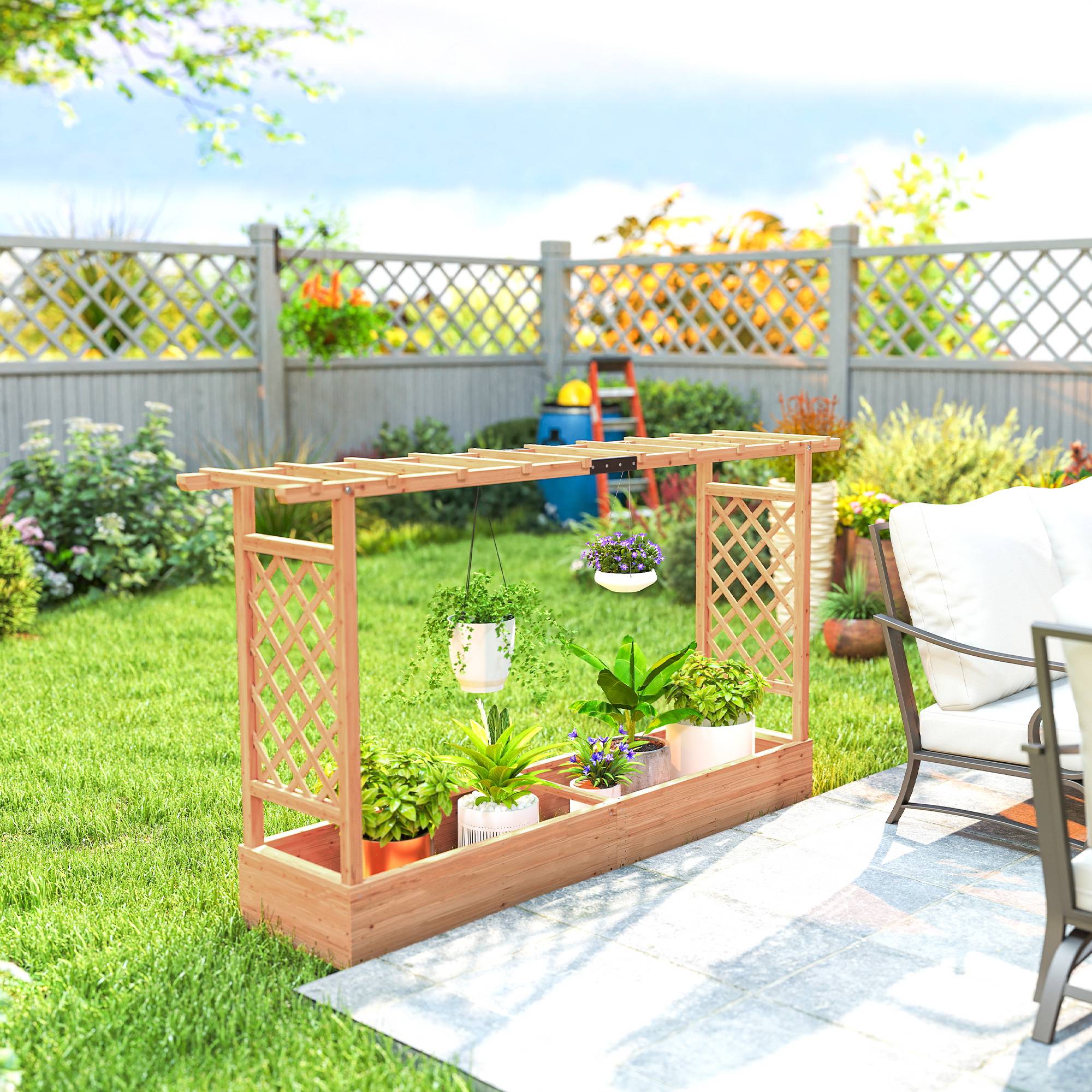 Sans Marque - Jardinière surélevée avec treillis latéral et supérieur, bac à fleurs trous de drainage, 200x44x113,5cm, bois naturel - Image 10