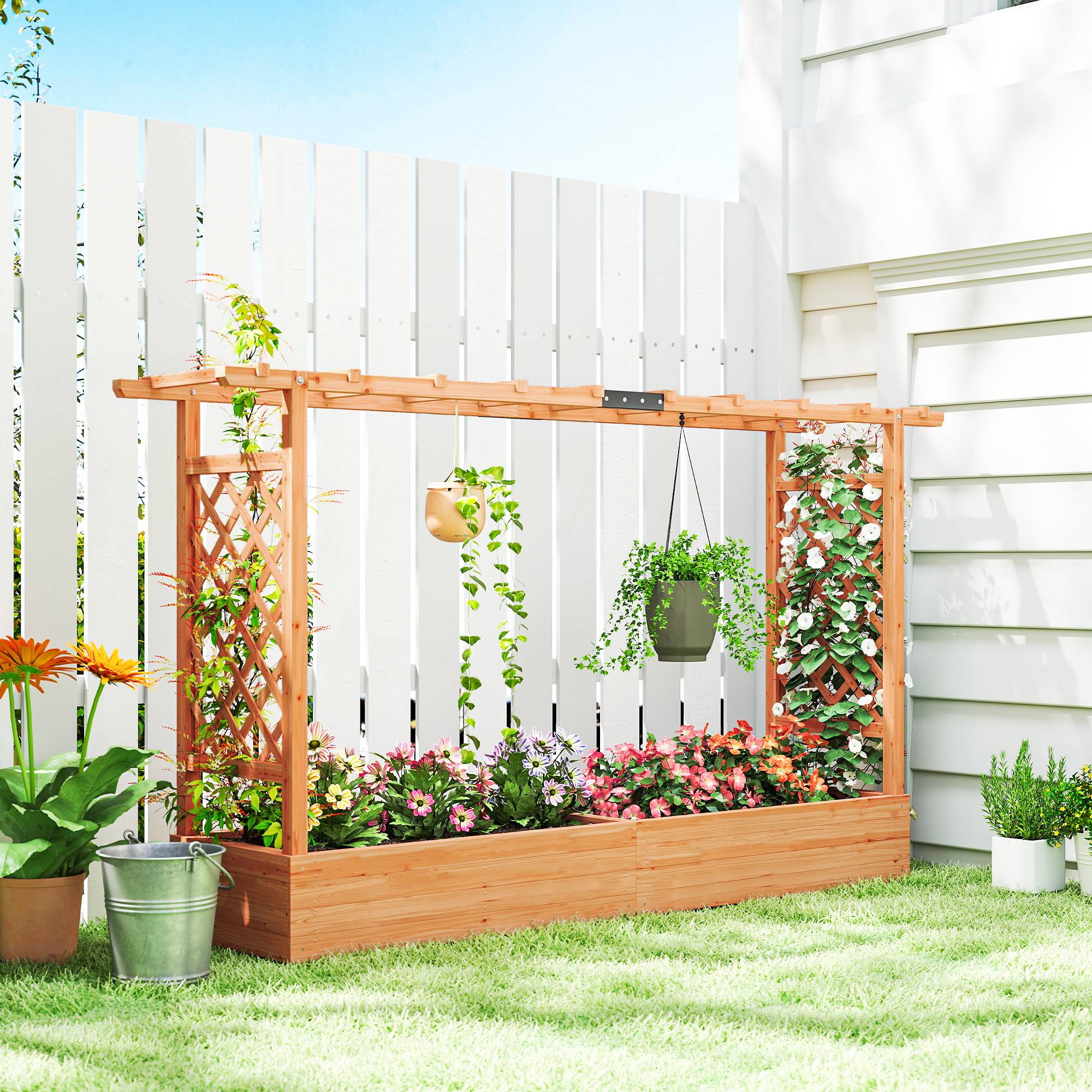 Sans Marque - Jardinière surélevée avec treillis latéral et supérieur, bac à fleurs trous de drainage, 200x44x113,5cm, bois naturel - Image 4