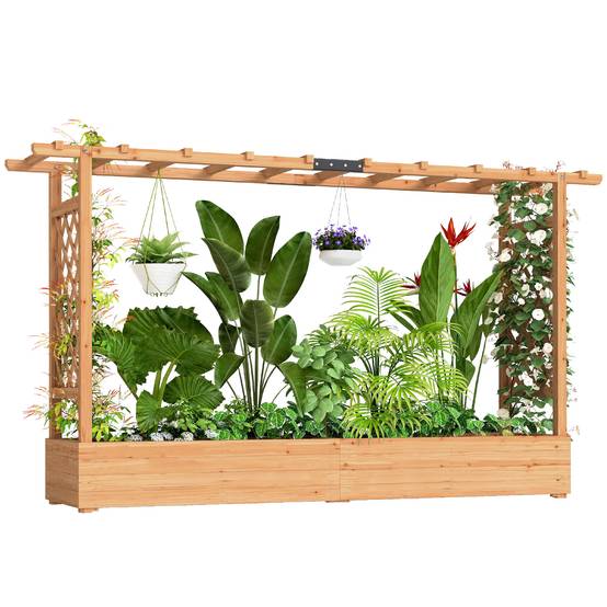 Sans Marque - Jardinière surélevée avec treillis latéral et supérieur, bac à fleurs trous de drainage, 200x44x113,5cm, bois naturel - Image 1