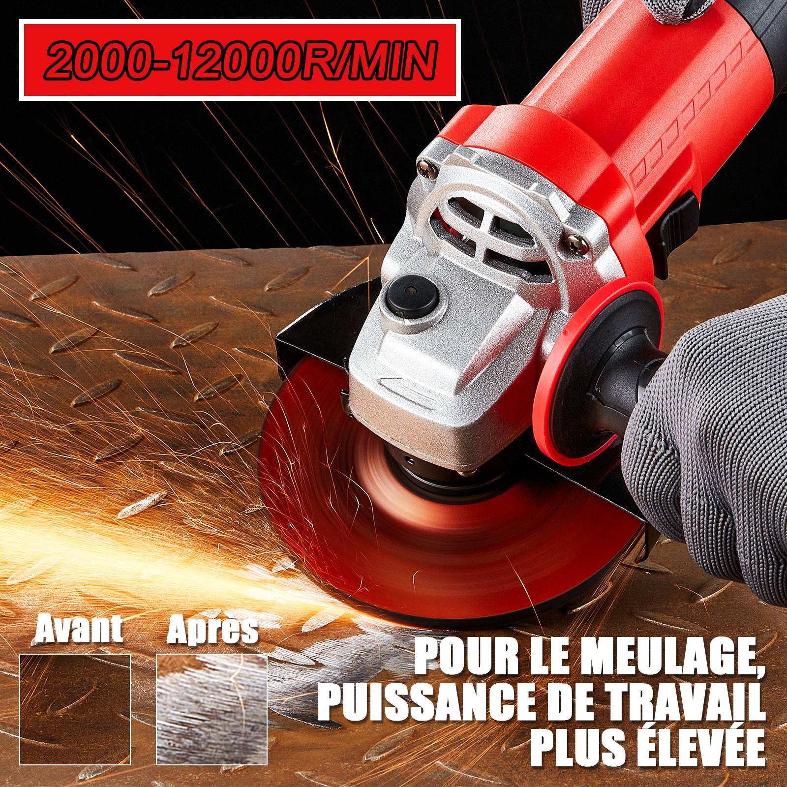 Teeno - Meuleuse d'angle 1000W, vitesse à vide 2000-12000 tr/min, vitesse variable, poignée latérale, coupe et polit le métal - Image 6