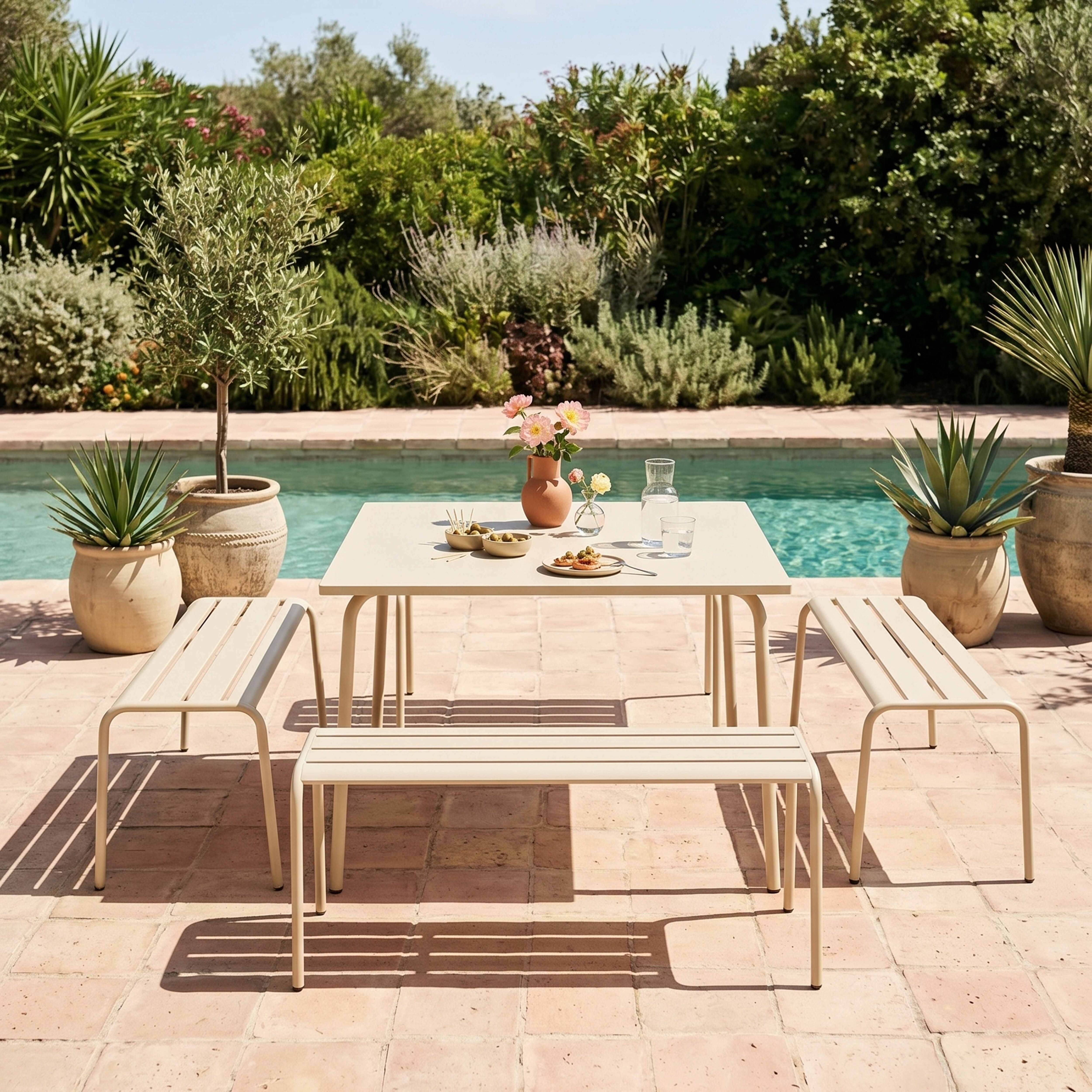 Oviala - Ensemble table de jardin carrée et 4 bancs en métal ivoire Palavas - Oviala - Image 2