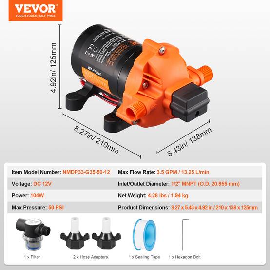 VEVOR Pompe à eau à membrane 12V 3,5 GPM 13,25 L/min 3 chambres, pressostat auto 50 PSI. - Image 7