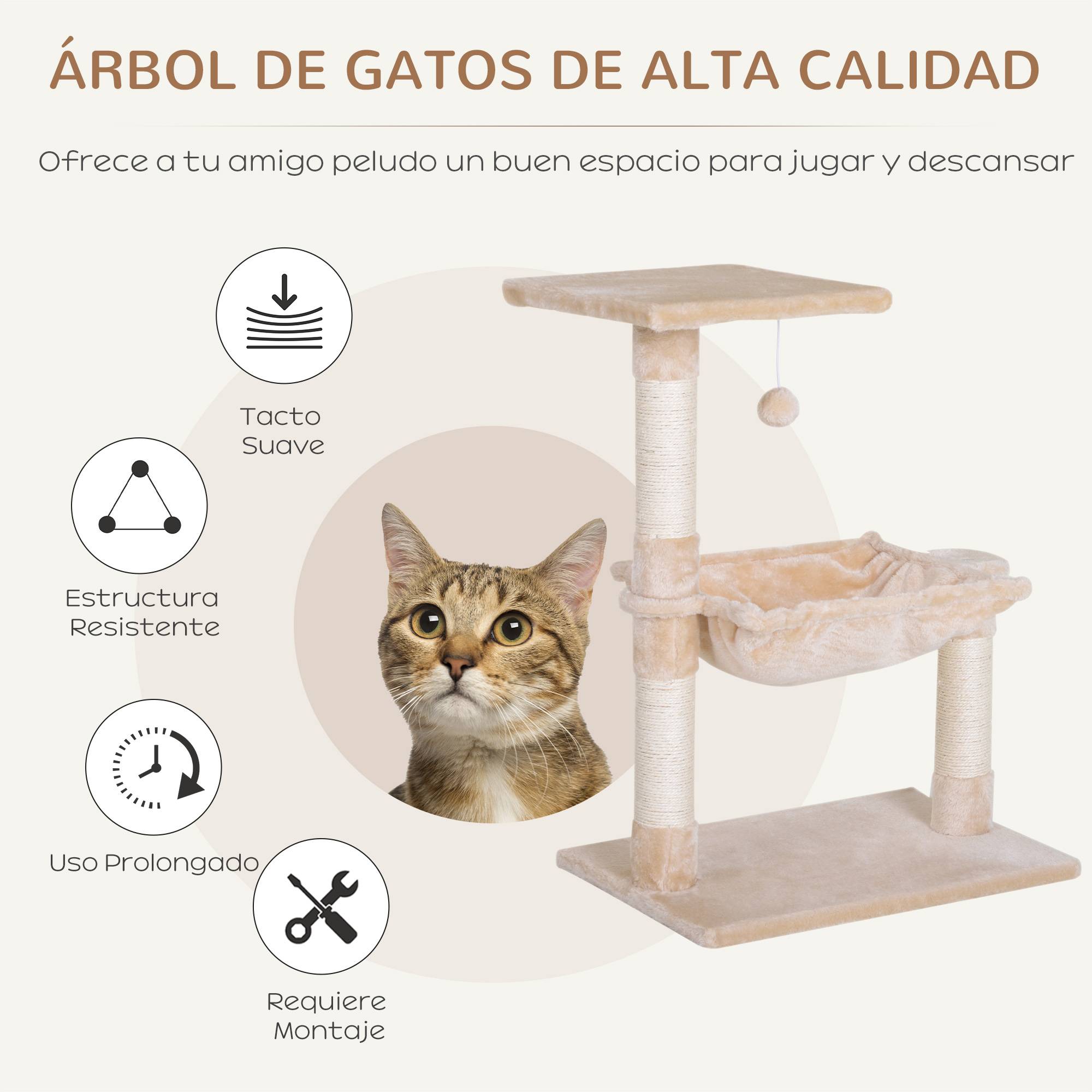 Arbre à Chat Compact 70 cm avec Hamac Plateforme et Griffoirs Sisal Beige - ComfortXL Outdoor Living - Image 6